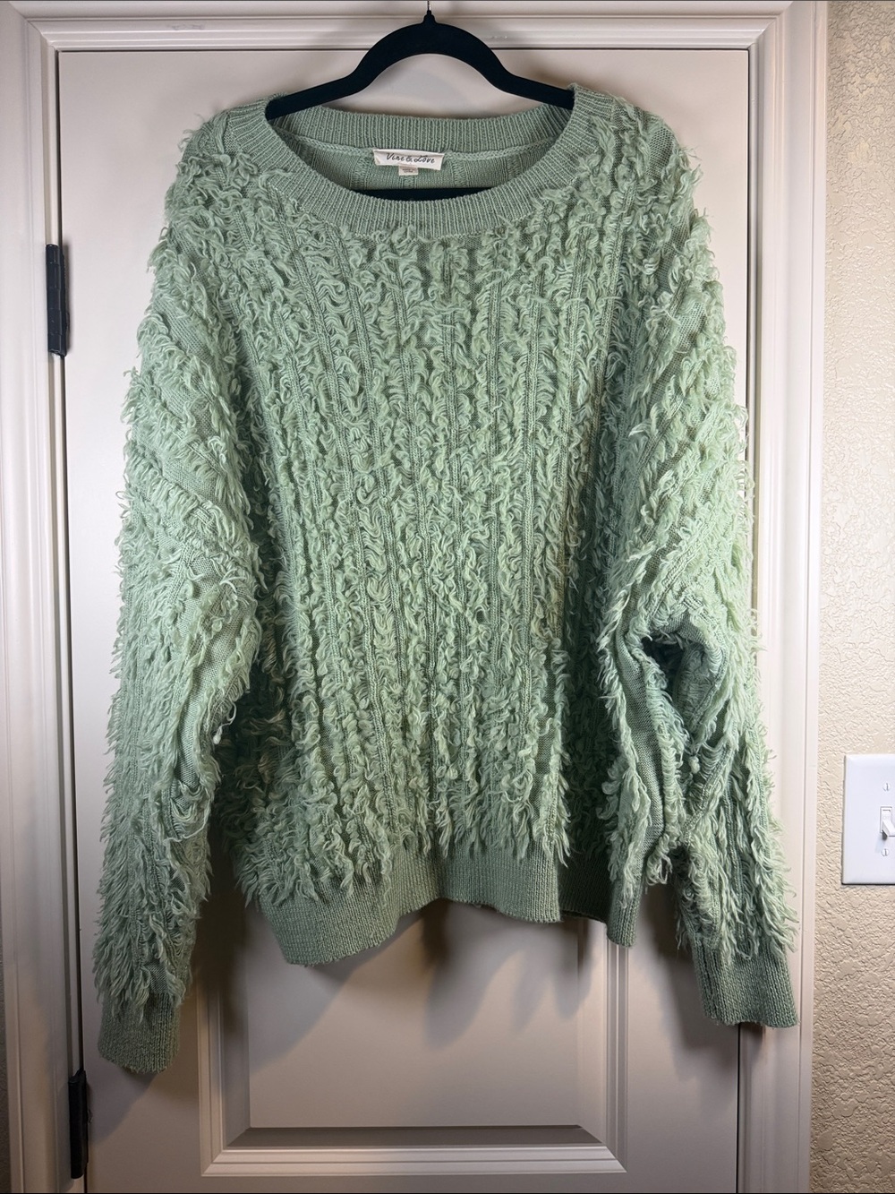 Vine & Love Mint Green Boho Fringe Cable Knit Crewneck Sweater